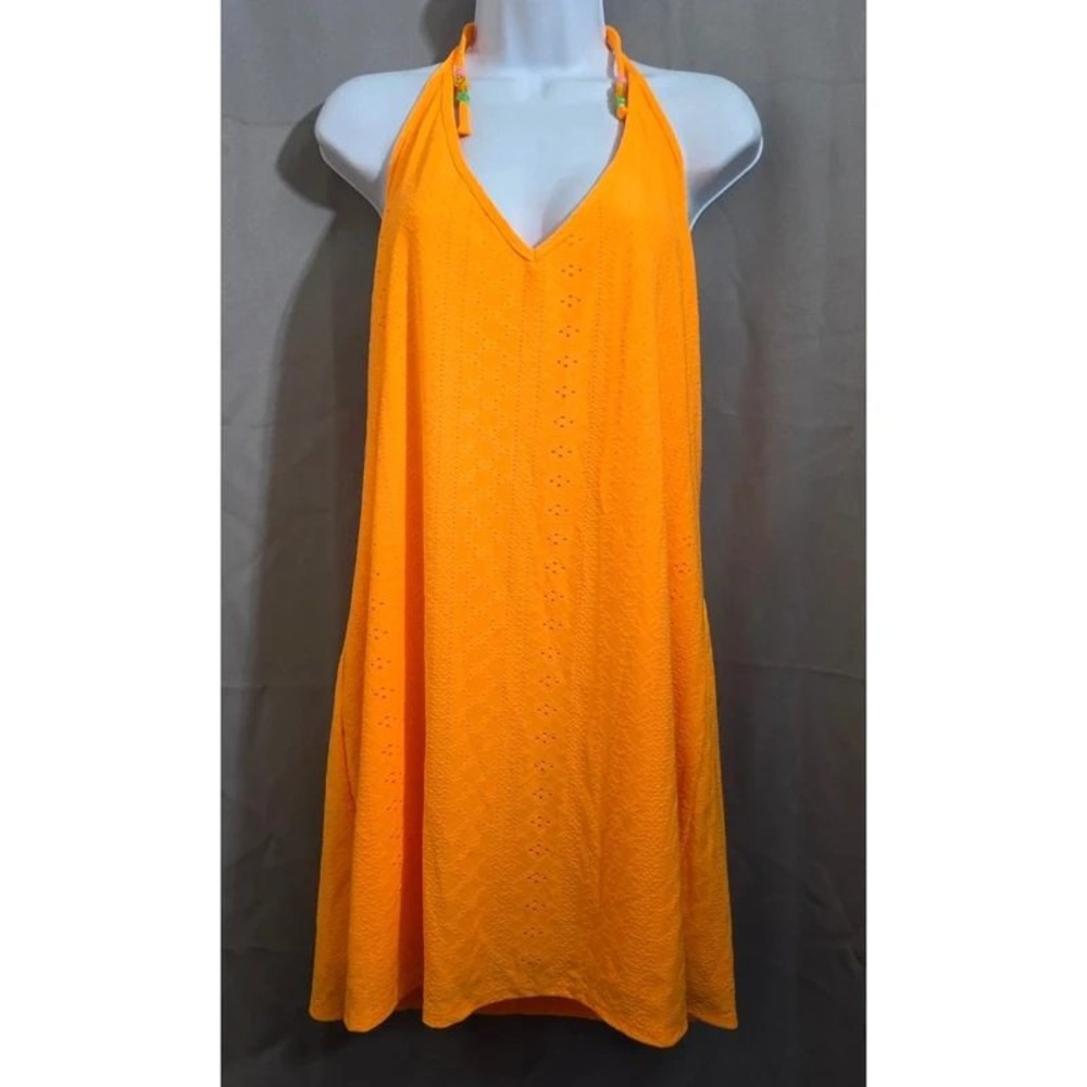 Wild Fable Orange Eyelet Halter Mini Dress XXL Beaded Smiley Charm Open Back